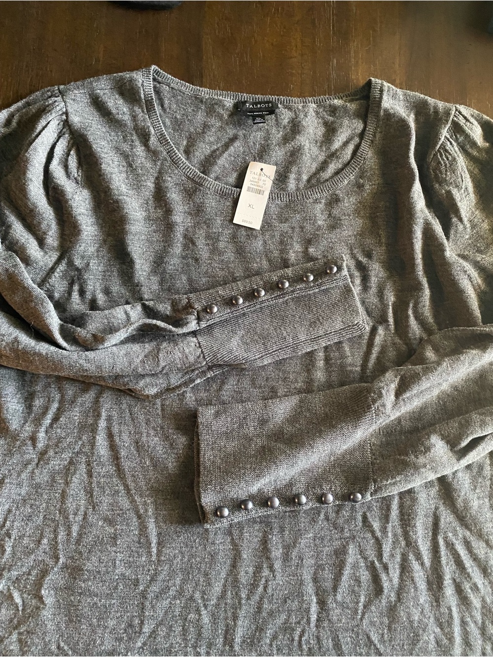 Talbots Gray Scoop Neck Sweater with Button-Cuff Detail